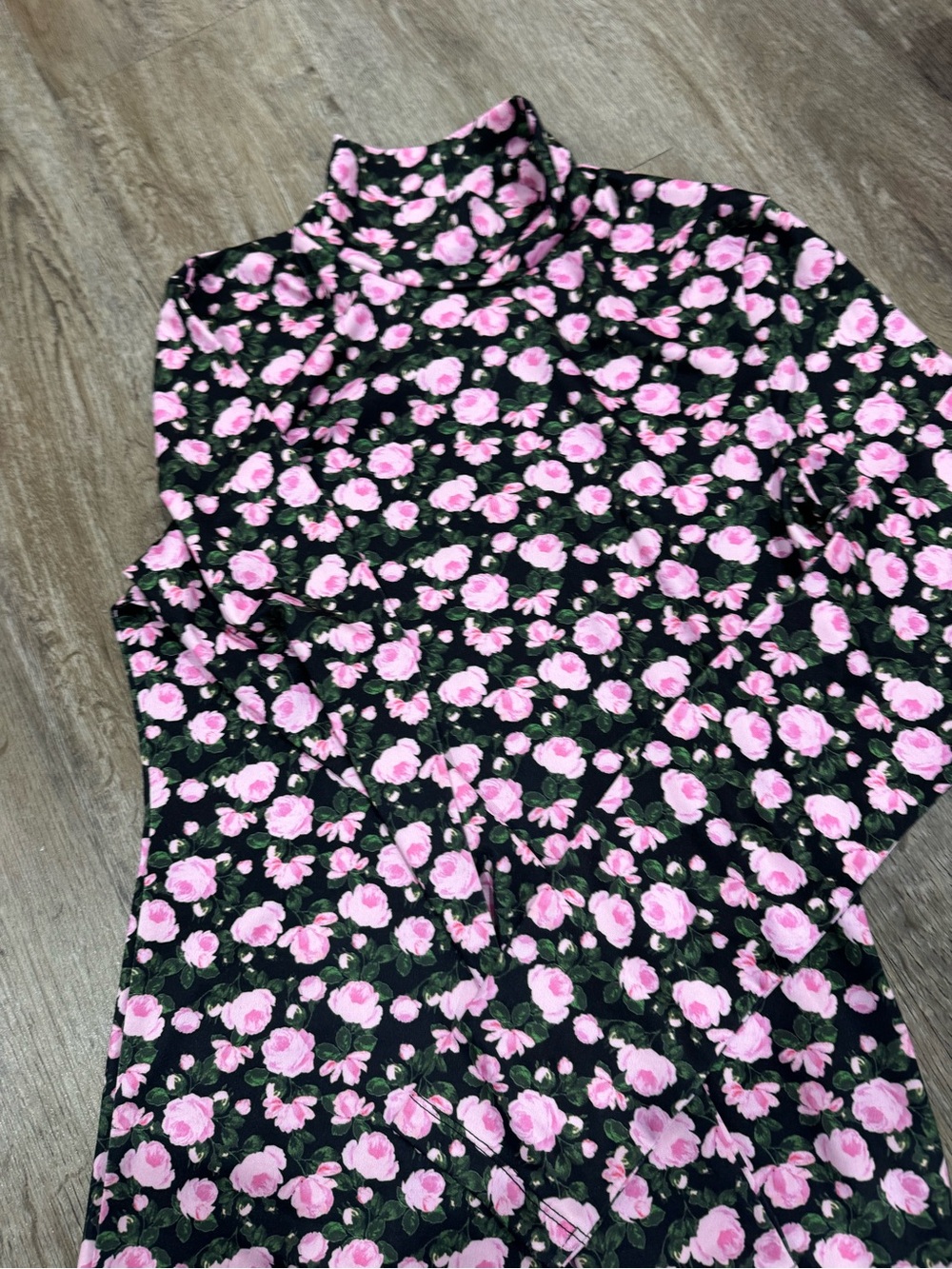 Floral Mock Neck Long Sleeve Tee - Black with Pink Roses